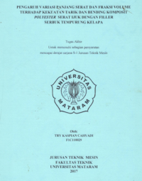 PENGARUH VARIASI PANJANG SERAT DAN FRAKSI VOLUME TERHADAP KEKUATAN TARIK DAN BENDING KOMPOSIT POLYESTER  SERAT IJUK DENGAN FILLER SERBUK TEMPURUNG KELAPA